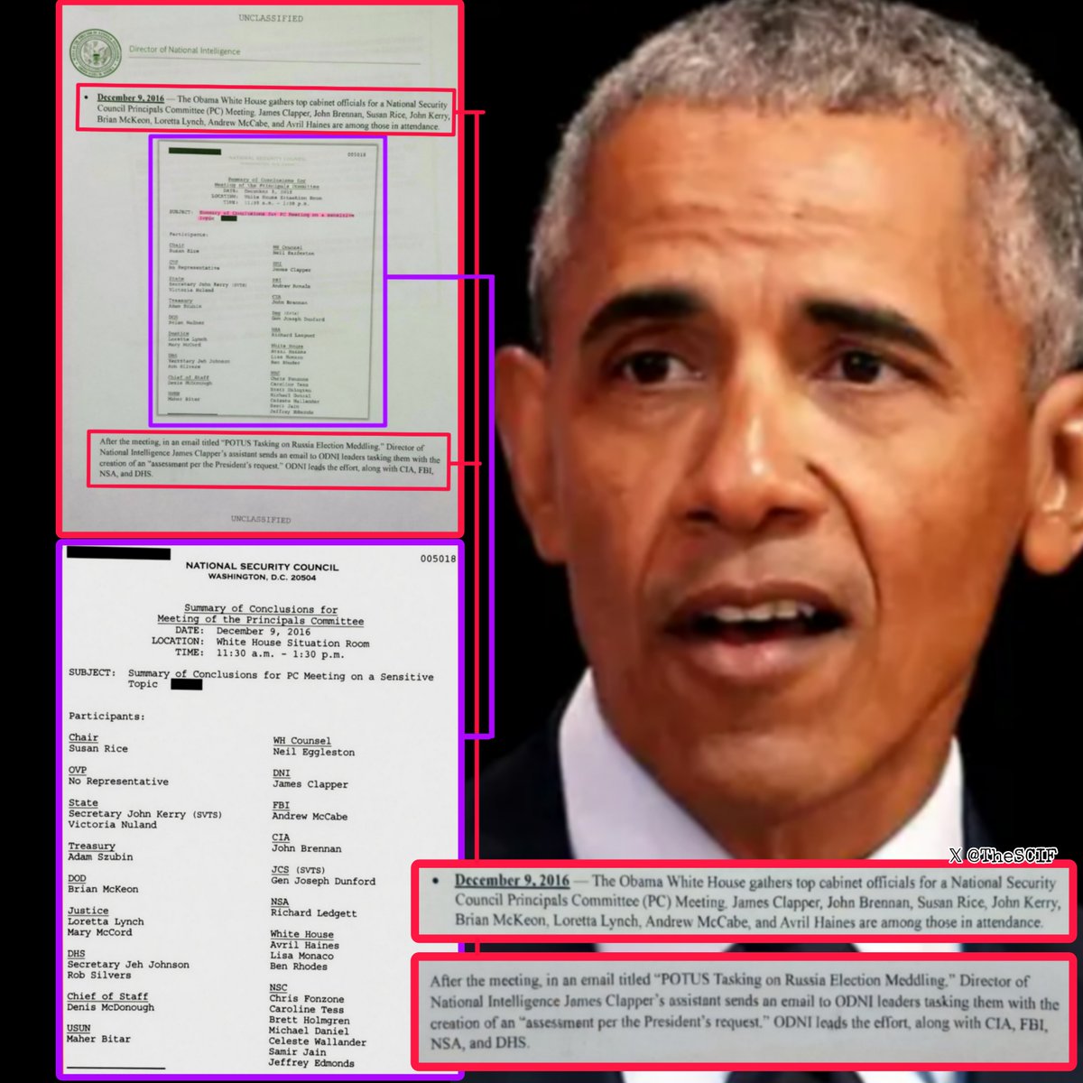 TheSCIF's tweet photo. Obama should be in prison, especially when the documents show the December 9, 2016 meeting in the White House Situation Room with the rest of the Obama administration plotting to frame Trump with Russia Collusion.

The Obama White House gathered top cabinet officials for a National Security Principals Committee Meeting with, James Clapper, John Brennan, Susan Rice, John Kerry, Brian McKeon, Loretta Lynch, Andrew McCabe, and Avril Haines.

After the meeting, in an email titled "POTUS Tasking on Russia Election Meddling," DNI James Clapper's assistant sends an email to ODNI leaders tasking them with the creation of an "assessment per the President's request."

This was the 2nd IC assessment, because the first legit IC assessment found NO Russia Collusion with Trump, but Obama didn't like that outcome, so they literally fabricated a new one.

ODNI led the effort, along with the CIA, FBI, NSA, and DHS, framing Trump with Russia Collusion. They are ALL TRAITORS, and they should ALL be in PRISON.