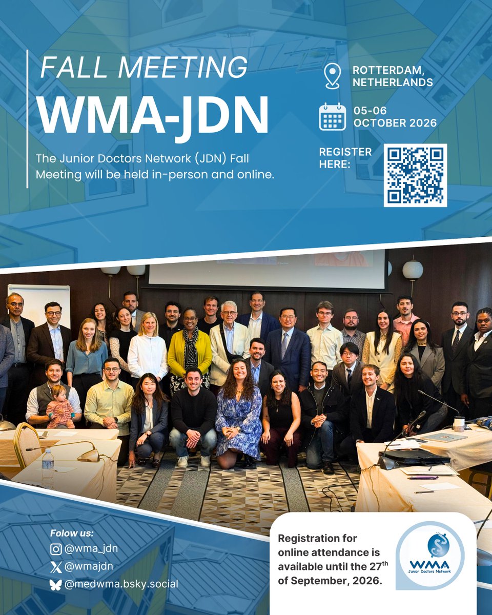WMAJDN's tweet photo. Join us as we celebrate 15 years of the WMA Junior Doctors Network with global networking, elections, and collaboration.

📅 5–6 October 2026
📍 Rotterdam, Netherlands (Hybrid)

📝 Register for online participation by September 27th: https://t.co/SlgDGuBpWD https://t.co/SCvgHjaxky