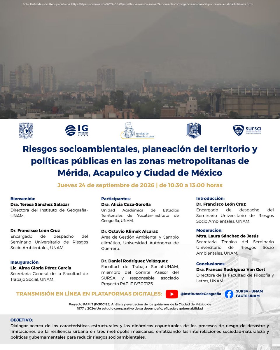 SURSA_UNAM's tweet photo. 🌆⚠️ ¿Cómo estamos construyendo los riesgos de nuestras ciudades? El #SURSA, la @ENTSUNAMOficial y la @filos_unam te invitan a reflexionar sobre los riesgos socioambientales, la planeación y las políticas públicas en Mérida, Acapulco y CDMX.
📅 24/09 | 10:30 h 💻 En línea YT: IGG https://t.co/uvJJJS9PZ1