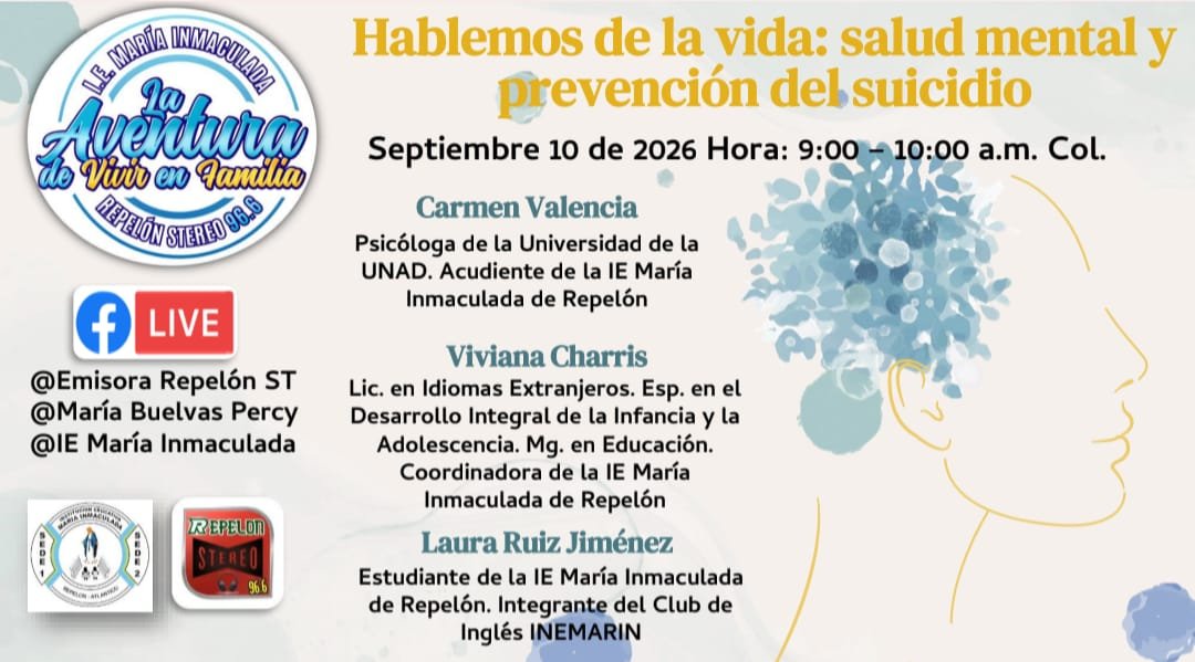 emisora96fm's tweet photo. IE María Inmaculada
Luz, Progreso e Integridad Personal
Hablemos de la vida: salud mental y prevención del suicidio
Invitadas:  
Carmen Valencia: Psicóloga de la Universidad de la UNAD. Acudiente de la IEMI  de Repelón
Viviana Charris: Licenciada en Idiomas Extranjeros. https://t.co/rIU5LN0ICs