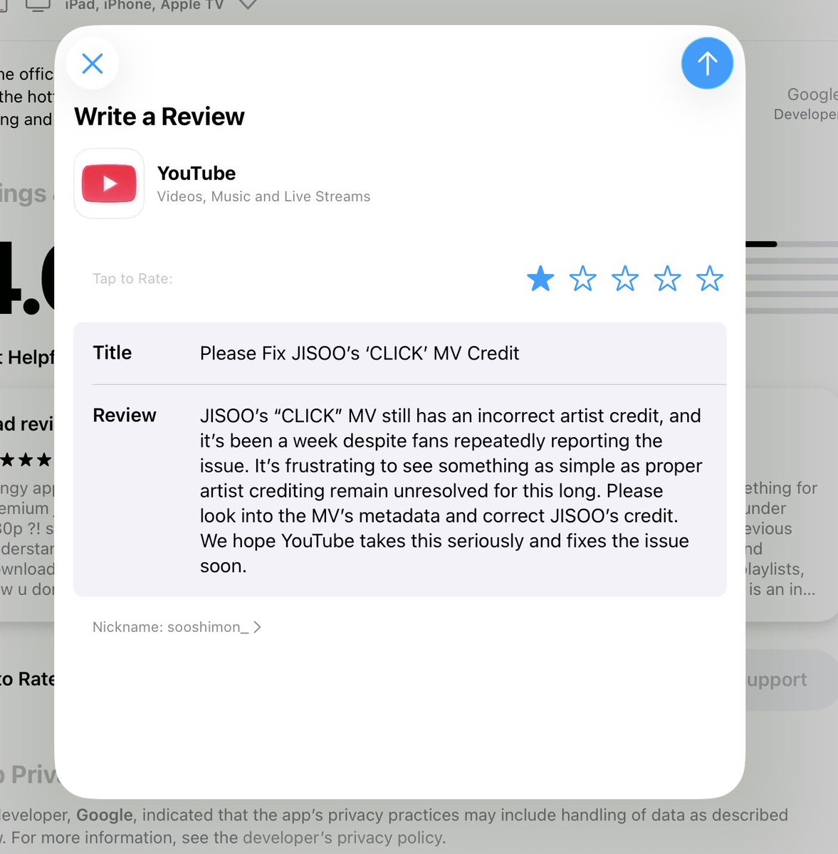 sooshichumon's tweet photo. RATED YOU 1 STAR PLEASE TAKE THIS SERIOUSLY  ⭐
@YouTube @TeamYouTube Fix JISOO’s ‘CLICK’ MV crediting issue. Its views aren’t reflected in her stats, while the autogenerated audio charts on Daily Top Songs. The MV is missing from all charts despite trending in 60+ countries and getting 3M+ daily views.

@warnerrecords @officialBLISSOO