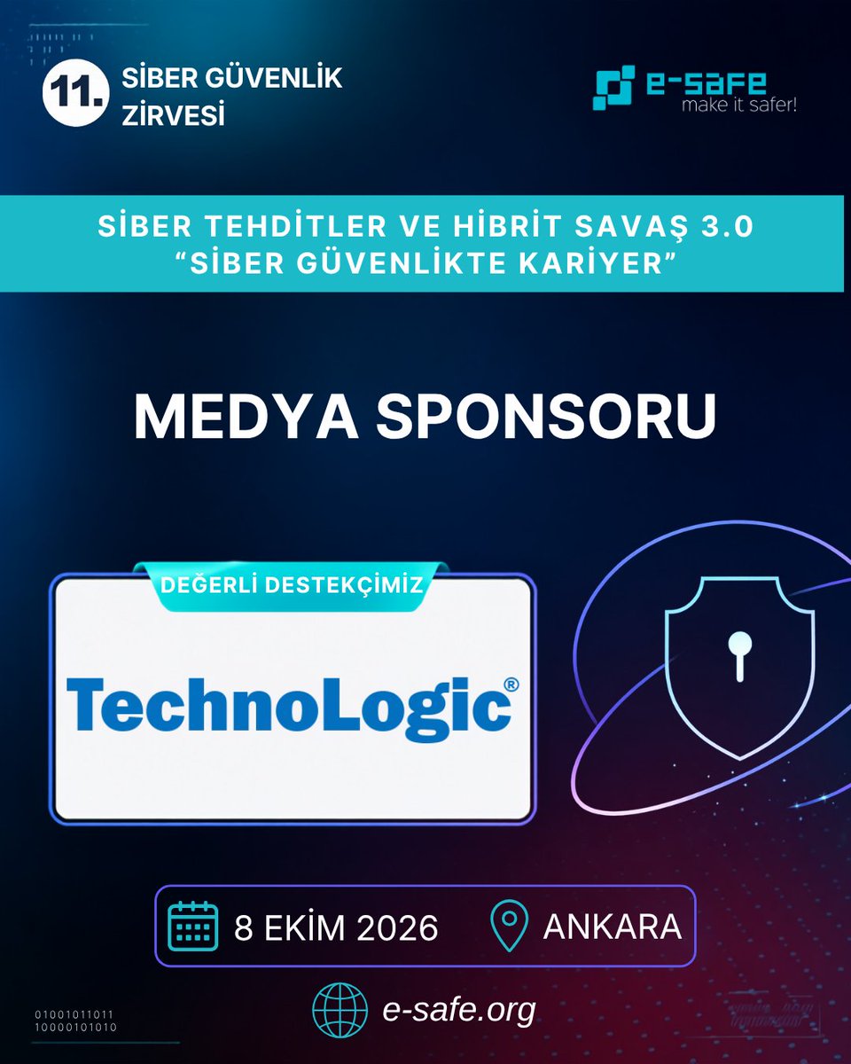 eSafeorg's tweet photo. 🔐 11.e-Safe Siber Güvenlik Zirvesi, sektörde yer alan TechnoLogic tarafından destekleniyor 👉 @technologictr
🗓️ 8 Ekim 2026
📍 Ankara
🌐 Kayıt ve Detaylar: https://t.co/RnkFKWMi3I
#eSafe #SiberGüvenlik #SiberGüvenlikZirvesi #TechnoLogic #MedyaSponsoru https://t.co/epATy0zjXY