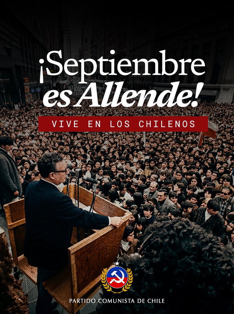 PCdeChile's tweet photo. Septiembre es Allende y Allende vive en los chilenos y chilenas.

Las políticas públicas impulsadas por la Unidad Popular han perdurado en el tiempo, como la nacionalización del cobre y el Plan Nacional del Medio Litro de Leche. Fueron políticas pensadas para transformar el presente y construir el futuro de nuestro país.

¡Septiembre es Allende y vive en los chilenos y chilenas!
