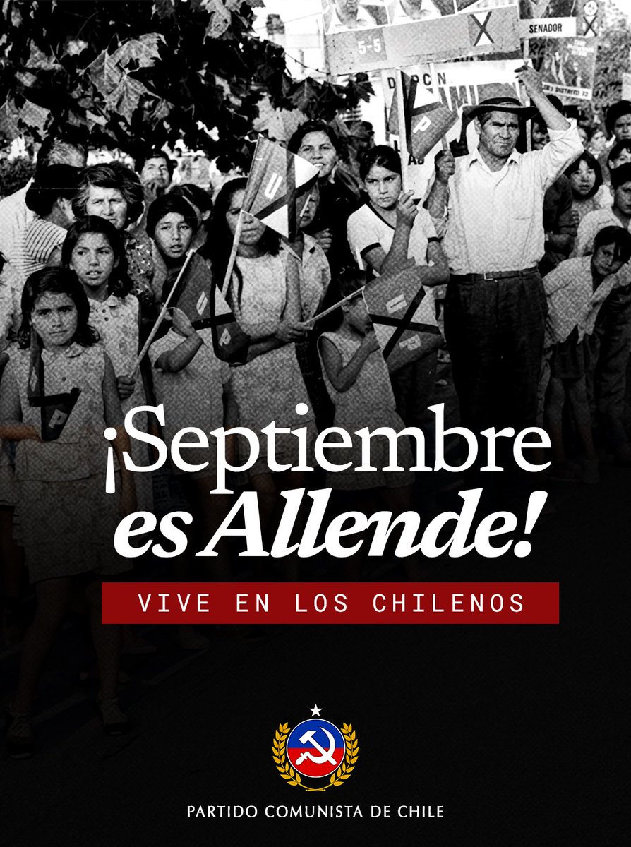 PCdeChile's tweet photo. Septiembre es Allende y Allende vive en los chilenos y chilenas.

Las políticas públicas impulsadas por la Unidad Popular han perdurado en el tiempo, como la nacionalización del cobre y el Plan Nacional del Medio Litro de Leche. Fueron políticas pensadas para transformar el presente y construir el futuro de nuestro país.

¡Septiembre es Allende y vive en los chilenos y chilenas!