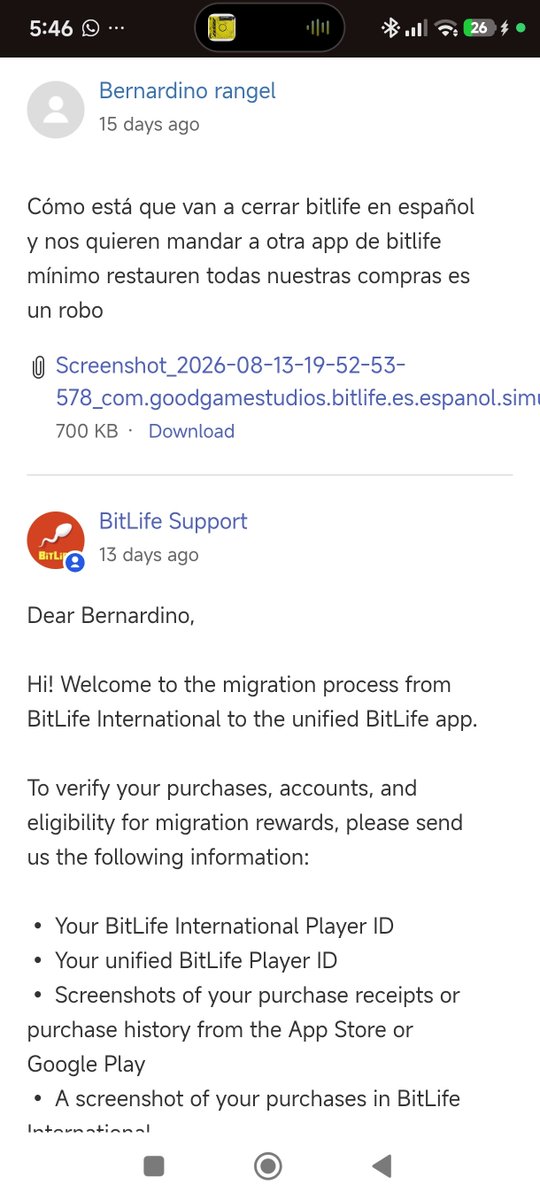 PicosEltaco's tweet photo. @BitLifeApp Bitizens, players from BitLife Español are having issues migrating their paid DLCs. Here are 3 community posts showing the situation. If you’re affected, speak up and share your experience:
 https://t.co/P41IE4HIqf
 https://t.co/Oy33If1rc7
 https://t.co/sKzNWFoKyy https://t.co/jeL1xfW0Eh