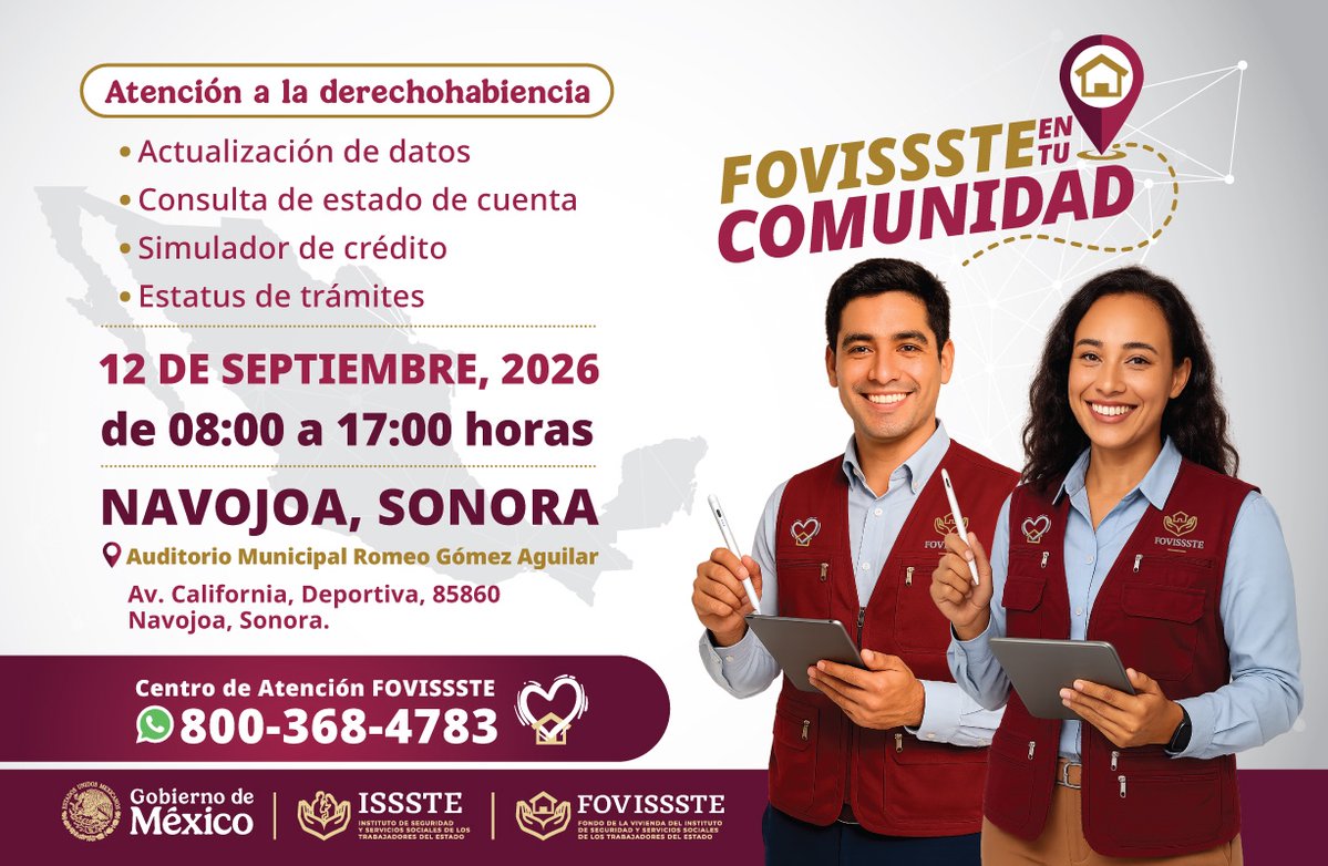 FOVISSSTEmx's tweet photo. 📍 Navojoa, Sonora: ¡allá nos vemos!

Este 12 de septiembre llega #FOVISSSTEenTuComunidad con atención para actualización de datos, estado de cuenta, simulador de crédito y seguimiento de trámites.

🕗 08:00 a 17:00 horas
📌 Auditorio Municipal Romeo Gómez Aguilar

#FOVISSSTEEsTuDerecho