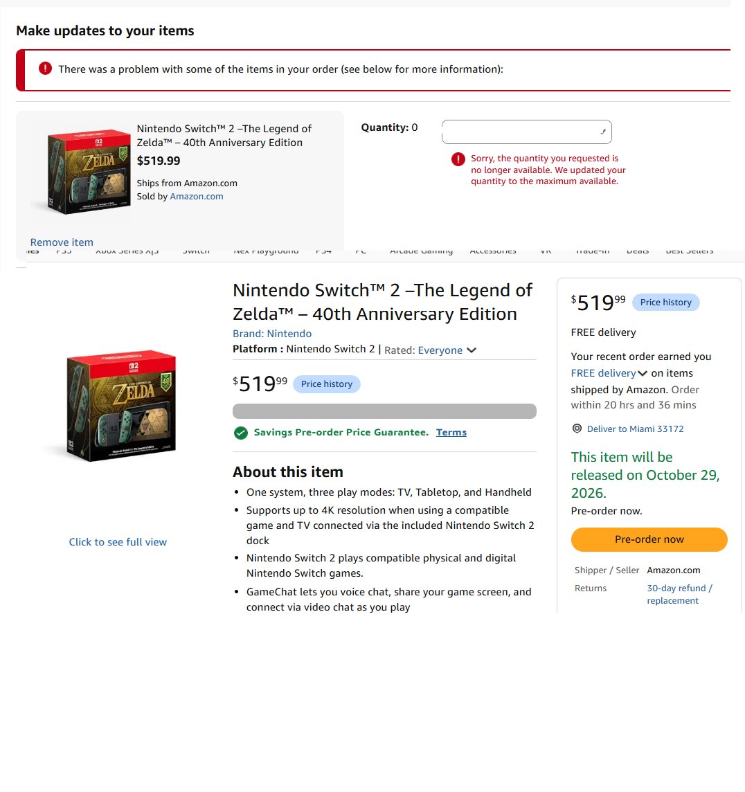 ZeldexZD's tweet photo. @TheDavidVinc Amazon preorder of the switch 2 is bait, no checkout works https://t.co/8CWs8TBClT