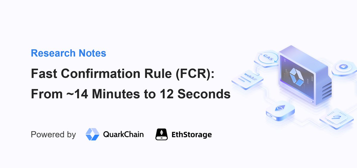 Quark_Chain's tweet photo. 1/7
Fast Confirmation Rule (FCR): From ~14 Minutes to 12 Seconds

Earlier, there was a noteworthy development around FCR (Fast Confirmation Rule): a major cross-chain bridge company is expected to launch FCR within the next few months.

This means cross-chain transfers originating from either L1 or L2 could see latency drop from around 14 minutes—the time currently needed to wait for finality—to as little as 12 seconds.

Here’s how FCR works and why it matters ↓