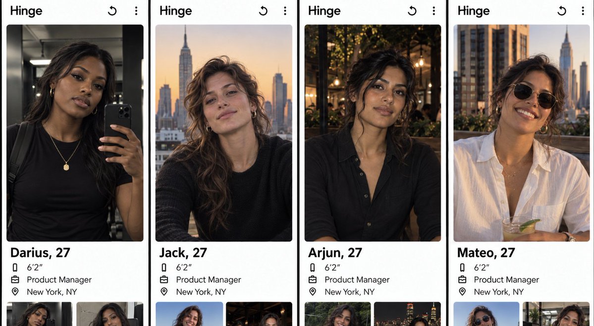 DrDemiSoul's tweet photo. @MurrayHillGuy1 What's easier, to create fake Hinge profiles and actually wait for matches and then chat with them...or just use AI to fake all of the Hinge app screenshots? https://t.co/N0Rj4rQR11