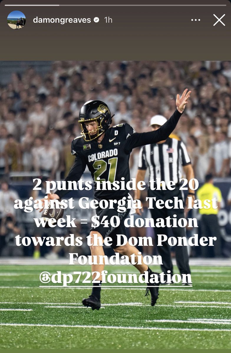 LNR_4's tweet photo. #CUBuffs punter Damon Greaves shared heβll be donating $20 to the Dom Ponder foundation for his two punts downed inside the 20-yard line against Georgia Tech. ππ½ Cool way to honor is teammate https://t.co/DZvOj3WV9r