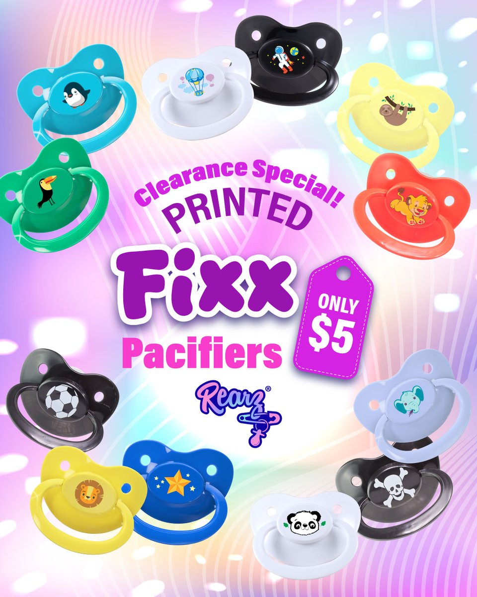 RearzInc's tweet photo. Grab a printed Fixx pacifier before it disappears! Select prints are just $5 while supplies last.

https://t.co/ek6iJSMSCm

#fixx #adultpacifiers #rearz #abdlcommunity #pacifieraddict https://t.co/AKUhjSbTYq
