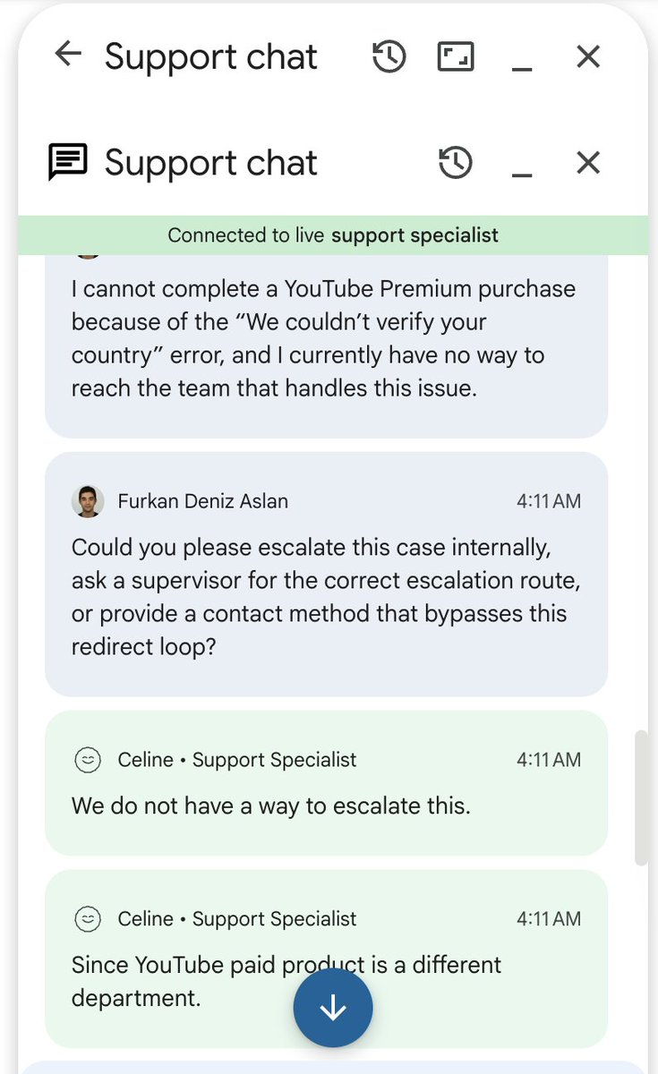 fdaslan's tweet photo. Hi @TeamYouTube, 

I’m in the UAE, my Payments profile is UAE, VPN is off, and I still get “We couldn’t verify your country.” Paid Products Support loops me back to Creator Support.

Please help resolve or manually review my account’s country verification. https://t.co/LJhSvCTfyC