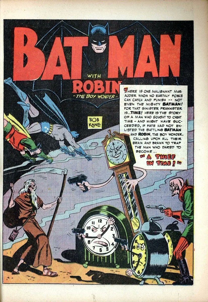 batcavebr's tweet photo. Visitando as histórias antigas do Batman, descobri este vilão que teve uma única aparição nos quadrinhos:

Rob Calendário

Um viajante do tempo vindo do ano de 2043 para roubar artefatos da sala de troféus do Batman, atraído por sua grande valorização.

A ironia é que os itens só foram parar no museu porque o próprio ladrão os havia roubado de pessoas aleatórias no passado. Quando o Batman os recupera, os antigos donos já não têm mais interesse neles, e os objetos acabam ficando na sala de troféus do herói.