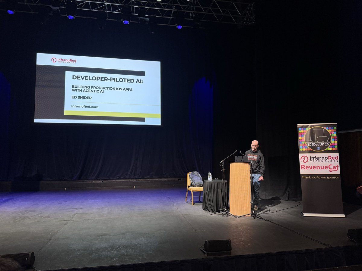 scottlock's tweet photo. Great to see @edsnider sharing what we know about agentic AI and spec-driven workflows at @iOSDevUK. His talks never disappoint! https://t.co/aXK4Ce3oYt