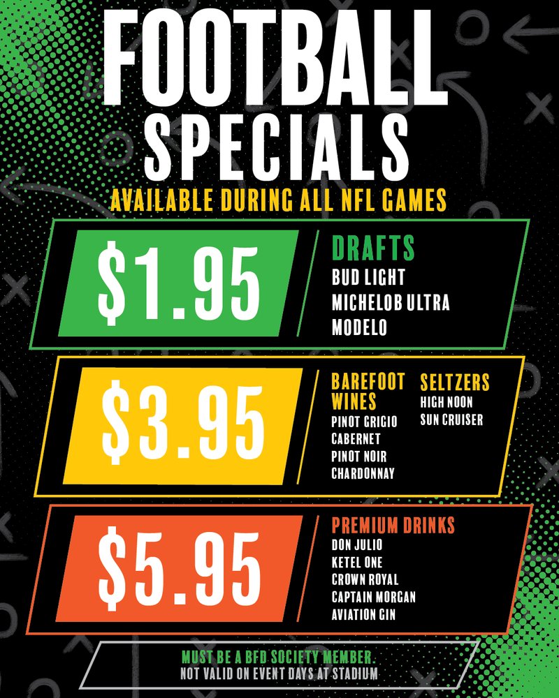 WSKYStadium's tweet photo. Best football deals in town? We said what we said. 👀🏈🔥

BFD Society members score EXTRA specials during ALL NFL games — including $1.95 drafts, $3.95 wines &amp; seltzers, and $5.95 premium drinks. 🍺🥃

Join onsite or sign up here 👉 https://t.co/dG22tL8Wby https://t.co/RpQWUR0IvD