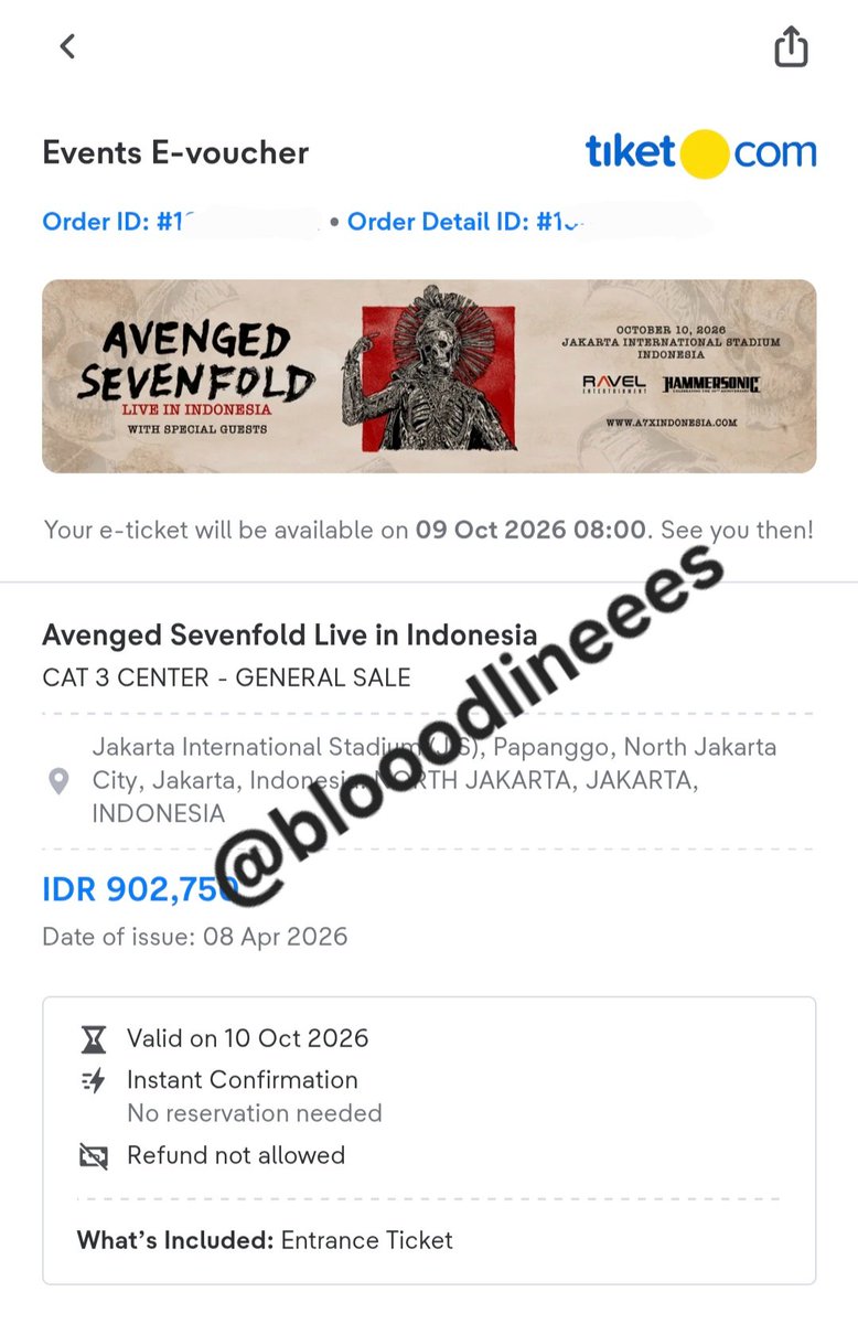 blooodlineees's tweet photo. WTS tiket konser Avenged Sevenfold (A7X)

1tix Cat 3 Center, punya pribadi.
10 Oktober - Jakarta (JIS) 
Price sesuai website, pure jual karena nggak bisa dateng. Dom Bandung bisa COD. 
Dm untuk selebihnya!

Wtb Wts Avenged Sevenfold A7X #zonauangㅤ https://t.co/E0RxIZUtlr