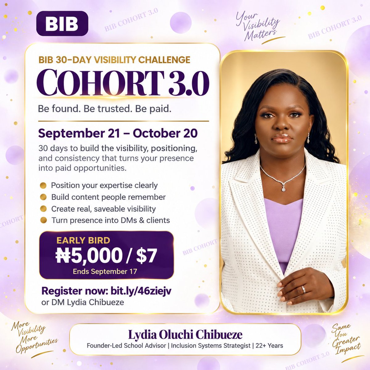 Lydave19732003's tweet photo. Good morning, my Impact Builders. 💜

Sometimes the next opportunity doesn't require you to become better.

It requires more people to understand how good you already are.

That is what visibility changes.
Fix it now.

📍BIB 30 Days starts September 21.

₦5,000 early bird.

Don't hide valuable work behind poor positioning.

Link in the comments.
