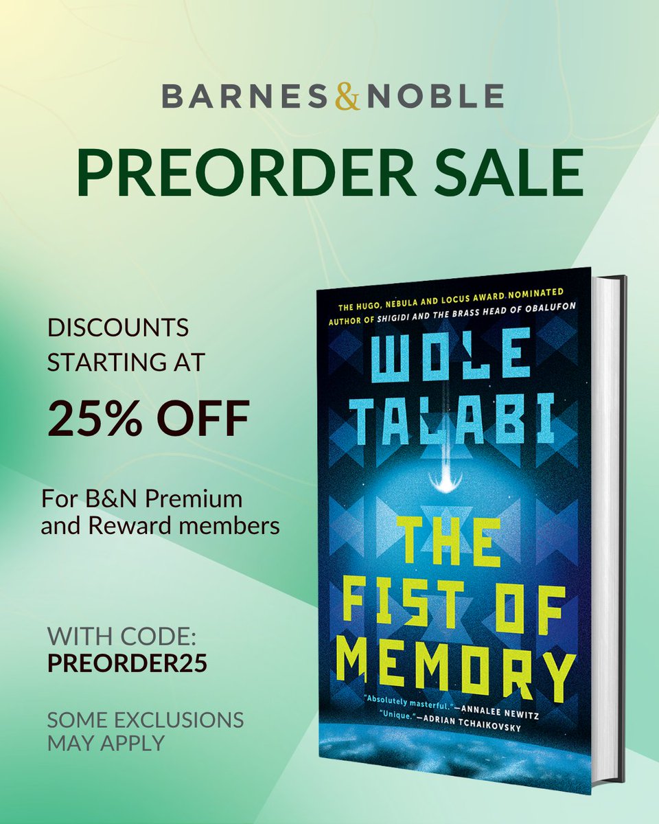 WTalabi's tweet photo. Its time for the usual Barnes &amp; Noble preorder sale! B&amp;N members can get 25% off pre-orders of THE FIST OF MEMORY if you preorder right now. If you're interested in my unique first contact novel, there's no better time to get a copy. 

#bnpreorder https://t.co/s2y0MC4cPr