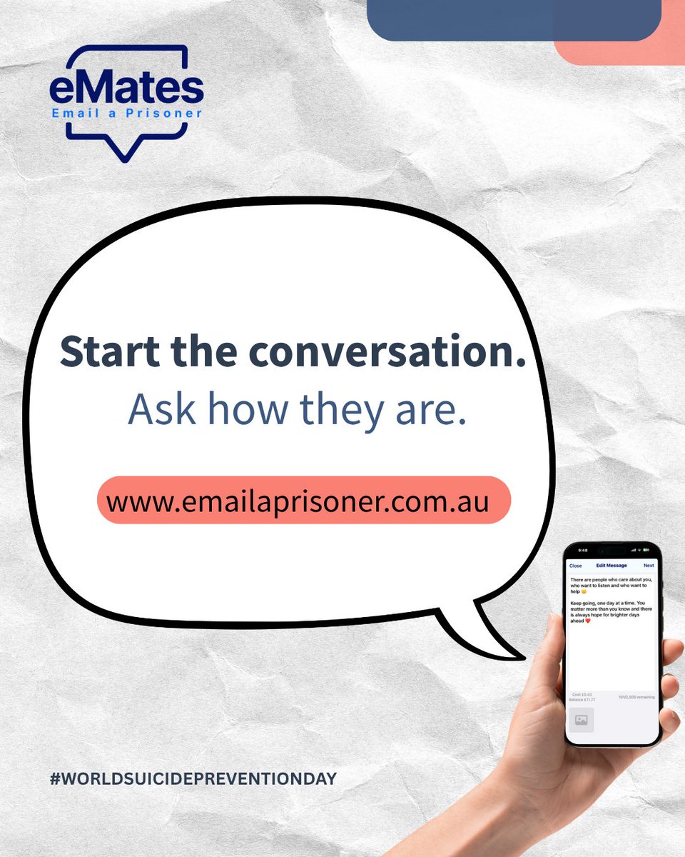 Unilinksupport's tweet photo. Today is World Suicide Prevention Day.  A simple question can break the cycle of isolation. Check in on your loved ones in custody today—an eMates message can make all the difference.

Sign-in or if you haven't registered, sign-up at https://t.co/i8lU0rNUxy

#MentalHealthAU https://t.co/LNozBxDaSR