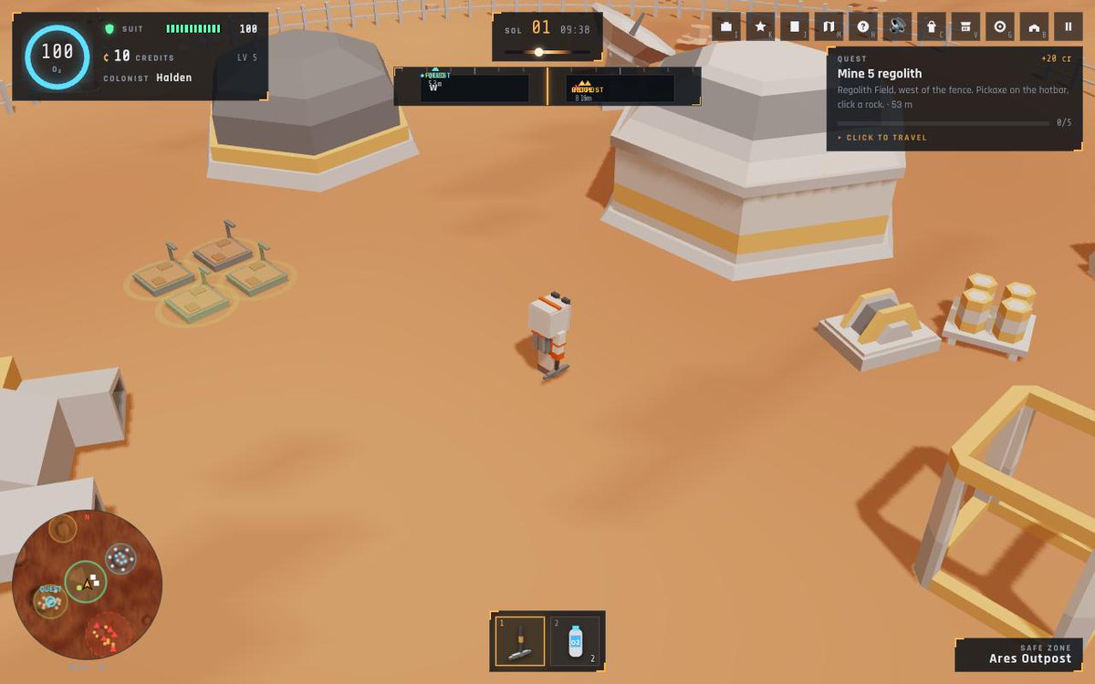 marsgard's tweet photo. A survival MMO on Mars that runs in a browser tab.

You land at Ares Outpost with one pickaxe, two O₂ canisters and ten credits — everyone does. Inside the fence the air refills and the Depot buys whatever you dug up. Outside it the air runs out, and the further you walk the better the ore. Regolith to the west, ice and silicate in the crater to the east, scrap and drones in the Dunes to the south, a ridge to the north where you can put down a hab pod and call it a colony.

No download, no launcher, no wallet needed to start. $MGARD buys access to where you are allowed to go — the Dunes, the market, the Supply Drop — never a stronger swing. Free to level 10, and everything you earned stays yours.