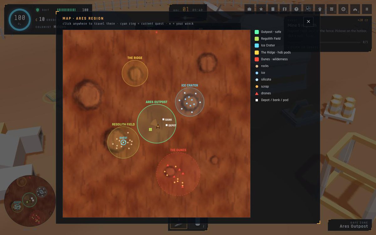 marsgard's tweet photo. The map metre is the walked metre.

One heightfield function draws the terrain you walk on, decides where you can stand, and bakes the map you open with M. There is no separate map image that drifted away from the world three patches ago, and no "the rock is over there on the map but here in the game". Five zones, thirty-eight nodes, four gates in the fence, one region 260 metres across at launch.

The same numbers live on the server, which is how the referee knows whether you were really close enough to that rock to hit it. Click anywhere on the map and your colonist walks there. Not teleports — walks. The server would refuse the other thing. $MGARD