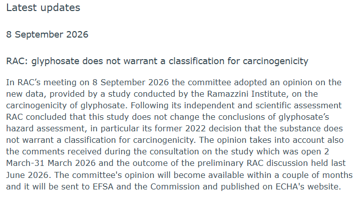 zaruk's tweet photo. Do you remember all of the claims by the Ramazzini activist scientists behind their Global Glyphosate Study saying it would change the EU's reauthorisation?
The ECHA risk assessment committee (RAC) looked at their evidence and concluded: Thanks ... but No!
https://t.co/mj5VCNFYlK https://t.co/3H7gK04Nik