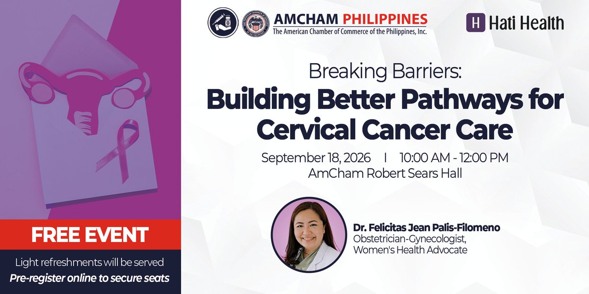 AmChamPH's tweet photo. Let's explore how greater awareness, prevention, early detection, and stronger partnerships can help improve cervical cancer care in the Philippines.

Participation is complimentary. Limited seats available—register now!
https://t.co/rRyuOXDPGX https://t.co/PAjGS2DDzg
