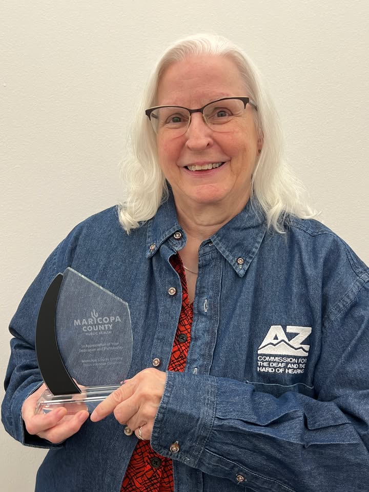 AzCDHH's tweet photo. Congrats to our Hearing Healthcare Program Manager, Michele Michaels, on her recent award from Maricopa County Healthy Brain Initiative Coalition

Partnering with the Coalition's Education Committee to raise awareness about hearing loss as a modifiable risk factor for dementia. https://t.co/6UAKK3Bgpo
