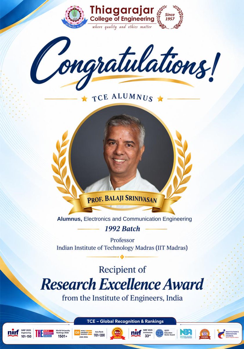 tceofficialpage's tweet photo. ๐โจ Celebrating Research Excellence! Congratulations to Prof. Balaji Srinivasan, TCE ECE Alumnus (1992) & Professor, IIT Madras, on receiving the Research Excellence Award from IEI! ๐๐ #TCEAlumni #ResearchExcellence #IITMadras #TCE1957 https://t.co/DnvMf0RdFt