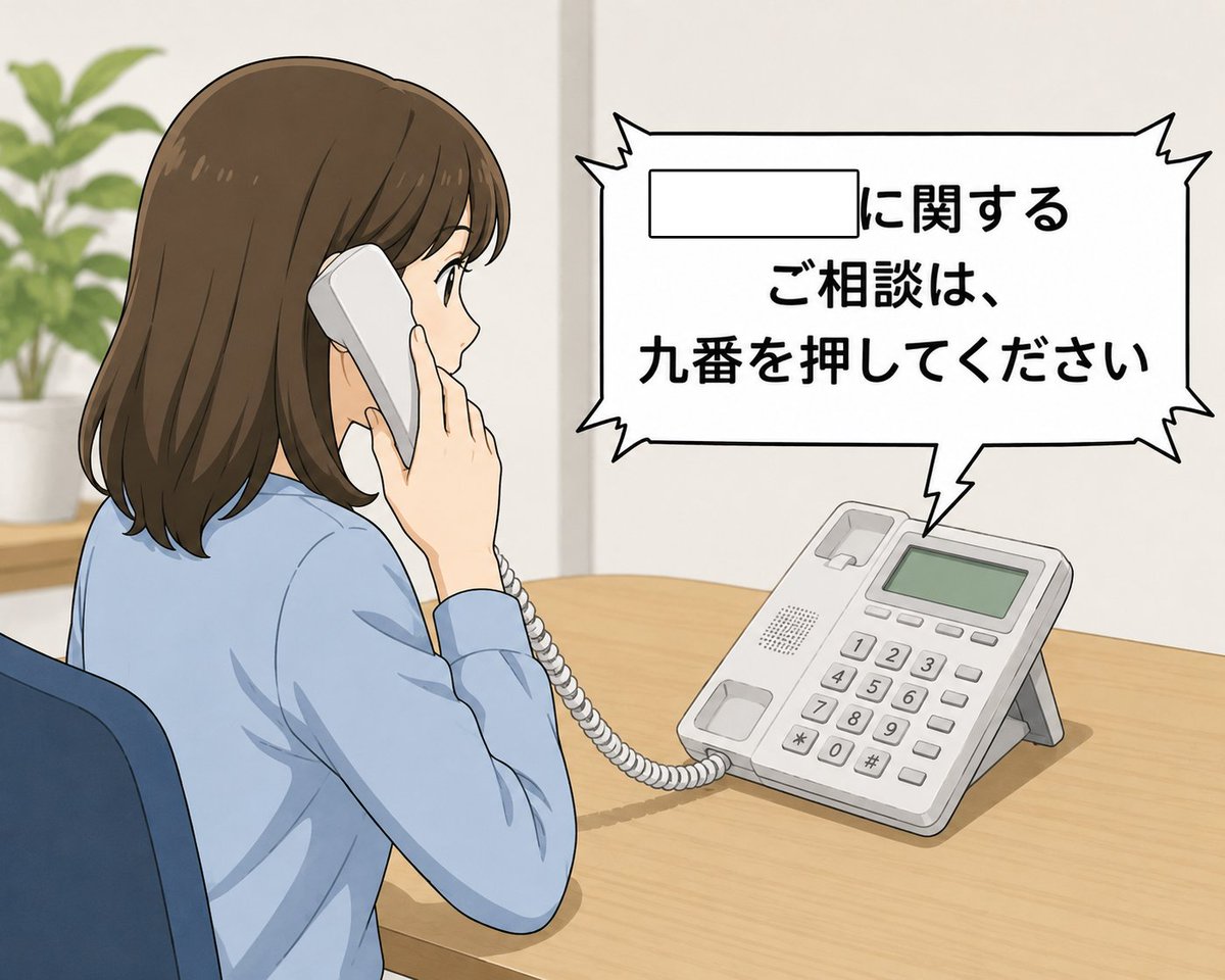 2026yamadasub's tweet photo. ＜大喜利＞
【　　】に関するご相談は、九番を押してください https://t.co/1ntyS3YxQo