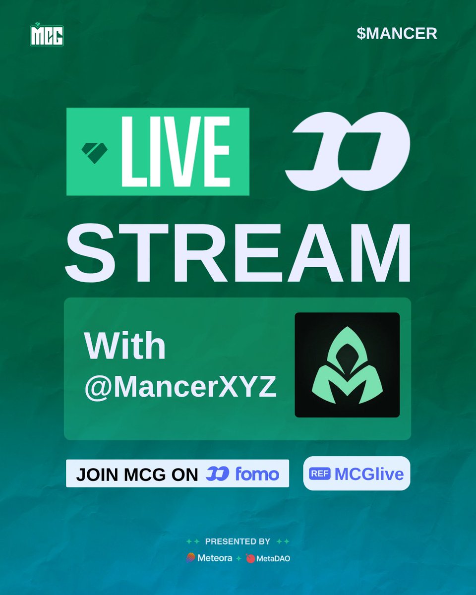 MCGlive's tweet photo. Tomorrow on MCG

$MANCER | @MancerXYZ w/@MichaelHirsch 

📅Thursday, 10th September
🕛1:15PM EDT
📍Tune in here

Stream powered by @MetaDAOProject https://t.co/wLG30ybMXF