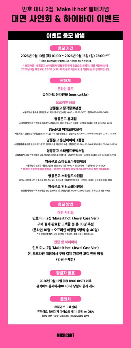 musicart_twt's tweet photo. [💿] 민호 미니 2집 'Make it hot' 발매기념
대면 사인회 & 하이바이 이벤트

📅일시
(1) 대면 사인회 이벤트 : 2026년 10월 17일 (토) 15:00 (KST) ~
(2) 하이바이 이벤트 : 2026년 10월 17일 (토) 16:40 (KST) ~

🛒응모 기간 : ~ 2026년 9월 13일 (일) 22:00 (KST)
⚠️영풍문고 스타필드마켓월계점 휴점으로 인하여 ~ 2026년 9월 12일 (토) 22:00 (KST) 까지 응모 가능합니다.

온라인 응모처 - 뮤직아트 온라인몰 (https://t.co/SavVfnGMdJ)
오프라인 응모처 - 영풍문고 8개 지점 (종각종로본점, 홍대점, 여의도IFC몰점, 용산아이파크몰점, 스타필드코엑스점, 스타필드마켓월계점, 스타필드수원점, 인천스퀘어원점)

✅대면 사인회 : 온라인 10명 + 오프라인 매장별 5명씩 총 40명 = 50명 추첨
☑️관람 및 하이바이 : 온, 오프라인 매장에서 구매 결제 완료한 고객 전원 당첨 (인원 무제한)

🎁현장 이벤트 참여한 응모자 전원에게 미공개 셀카 포토카드 1종 현장 증정

🔗https://t.co/dOIBA9QE1Q