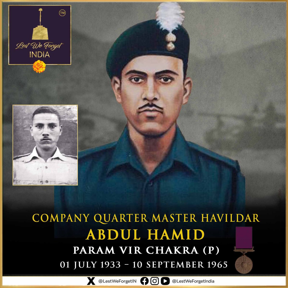 LestWeForgetIN's tweet photo. #Remembering1965 & the legend -
Company Quartermaster Havildar Abdul Hamid
Param Vir Chakra (P)
4 GRENADIERS

#LestWeForgetIndia🇮🇳 the battle of Asal Uttar, and the supreme sacrifice of a #BravestOfTheBrave, while destroying 07 Pakistani Patton tanks #OnThisDay 10 September in the #IndoPakWar1965

In the annals of history, there are stories that transcend time, acts of unparalleled bravery that continue to inspire generations.

CQMH Abdul Hamid's, indomitable courage in the face of death is one such defining moment. At 0800 hours on 10 September 1965 Pakistan forces launched an attack with a regiment of Patton tanks on a vital area ahead of village Cheema on the Bhikkiwind road in the Khem Karan Sector.

Intense artillery shelling preceded the attack. The enemy tanks penetrated the forward position by 0900 hours.

Realising the grave situation, Company Quartermaster Havildar Abdul Hamid who was commander of an RCL gun detachment moved out to a flanking position with his gun mounted on a jeep, under intense enemy shelling and tank fire.

Taking an advantageous position, he knocked out the leading enemy tank, and then swiftly changing his position, he sent another tank up in flames. By this time, the enemy tanks in the area spotted him and brought his jeep under concentrated machine-gun and high explosive fire.

Undeterred, CQMH Hamid kept on firing on yet another enemy tank with his recoilless gun. While doing so, he was mortally wounded by an enemy high explosive shell.

His brave action inspired his comrades to put up a gallant fight and beat back the heavy tank assault by the enemy.

His complete disregard for his personal safety during the operation and his sustained acts of bravery in the face of constant enemy fire were a shining example not only to his unit but also to the whole division and were in the highest traditions of the Indian Army.

CQMH Abdul Hamid was awarded the Param Vir Chakra (Posthumous).

61 years on we remember and honour the Brave #ParamVir - his valour, service, and supreme sacrifice for the Nation during the #IndoPakWar1965 🏵️
