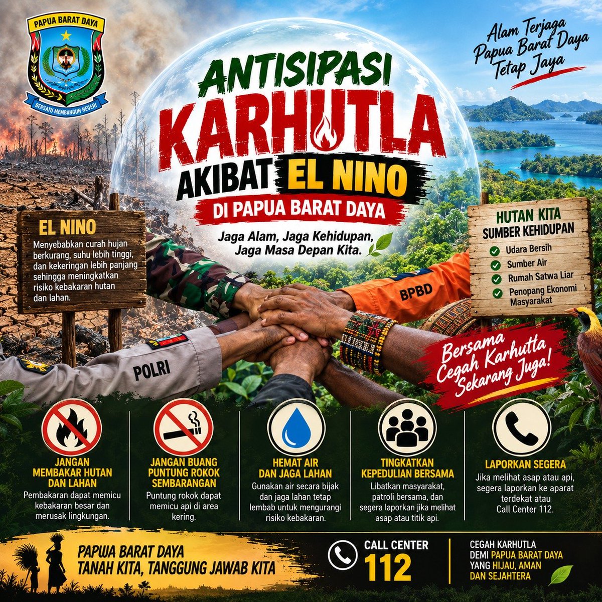 BsatrioM32's tweet photo. STOP KARHUTLA

Kebakaran hutan dan lahan merusak alam dan merugikan kita semua. Mari bersama-sama cegah Karhutla demi Papua yang lebih sehat, aman, dan lestari.

#stopkarhutla
#papua #papuabaratdaya #cegahkarhutla #daruratkarhutla https://t.co/Z9lZvlRbHK