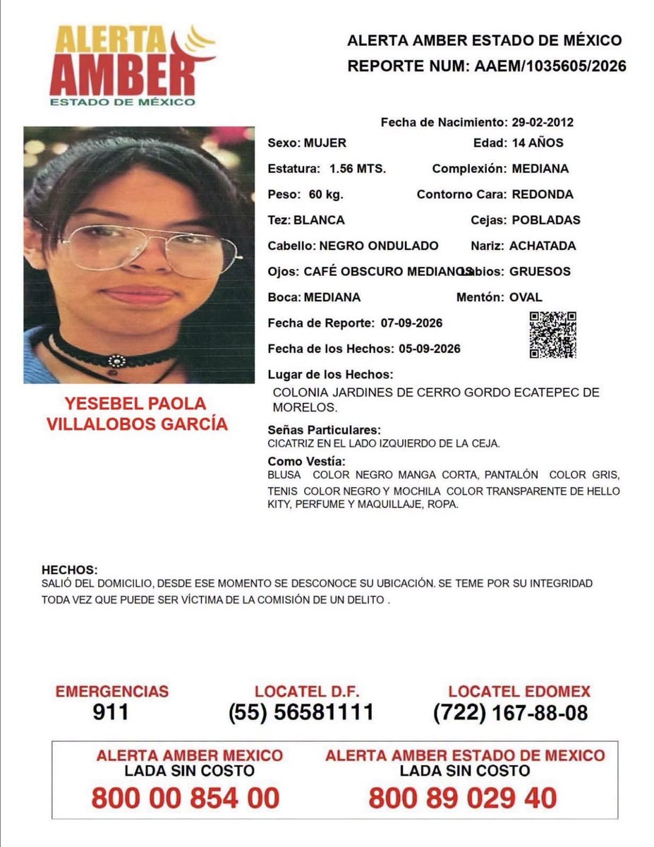 ReporteMxNotic1's tweet photo. Se busca a Yesebel Paola Villalobos García, desaparecida el 05 de septiembre de 2026 en el municipio de Ecatepec, Estado de México
#HastaEncontrarla @FiscaliaEdomex @FGRMexico @SSPCMexico
https://t.co/x8c5k1YDOV https://t.co/m4OKt4Vo65