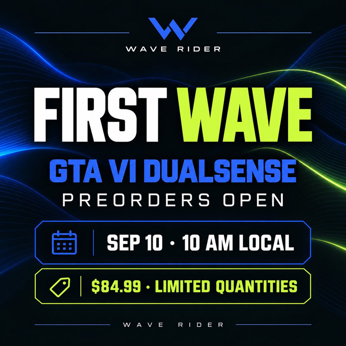 WaveRiderHQ's tweet photo. 🚨 TOMORROW: The limited-edition GTA VI DualSense controller goes up for preorder.

PlayStation Direct: 7:00 a.m. PT
Participating retailers: approximately 10:00 a.m. local time

Quantities are limited. Details + official link in bio.

#GTAVI #PlayStation #PS5 https://t.co/894K47NisG