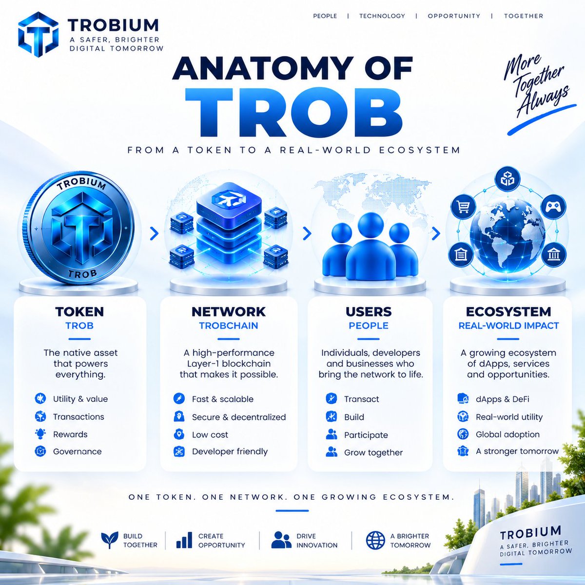 Trobium's tweet photo. 🔷 Anatomy of TROB

TROB → TrobChain → Users → Ecosystem

🪙 TROB powers the network.
⛓️ TrobChain provides the infrastructure.
👥 Users bring activity and adoption.
🌐 Ecosystem turns it into real-world utility.

One token. One network. One growing ecosystem. 🚀

#Trobium #TROB #TrobChain #Web3