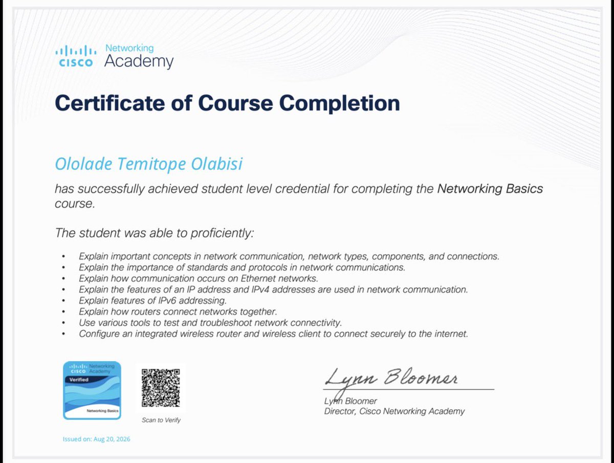 akinbye3's tweet photo. Networking Basics certification done✅✅. This course has helped me strengthen my understanding of fundamental networking concepts and given me a better foundation for my continued learning in Networking and Cloud Engineering.
 #Networking #LearningInPublic https://t.co/t91eyKjquK