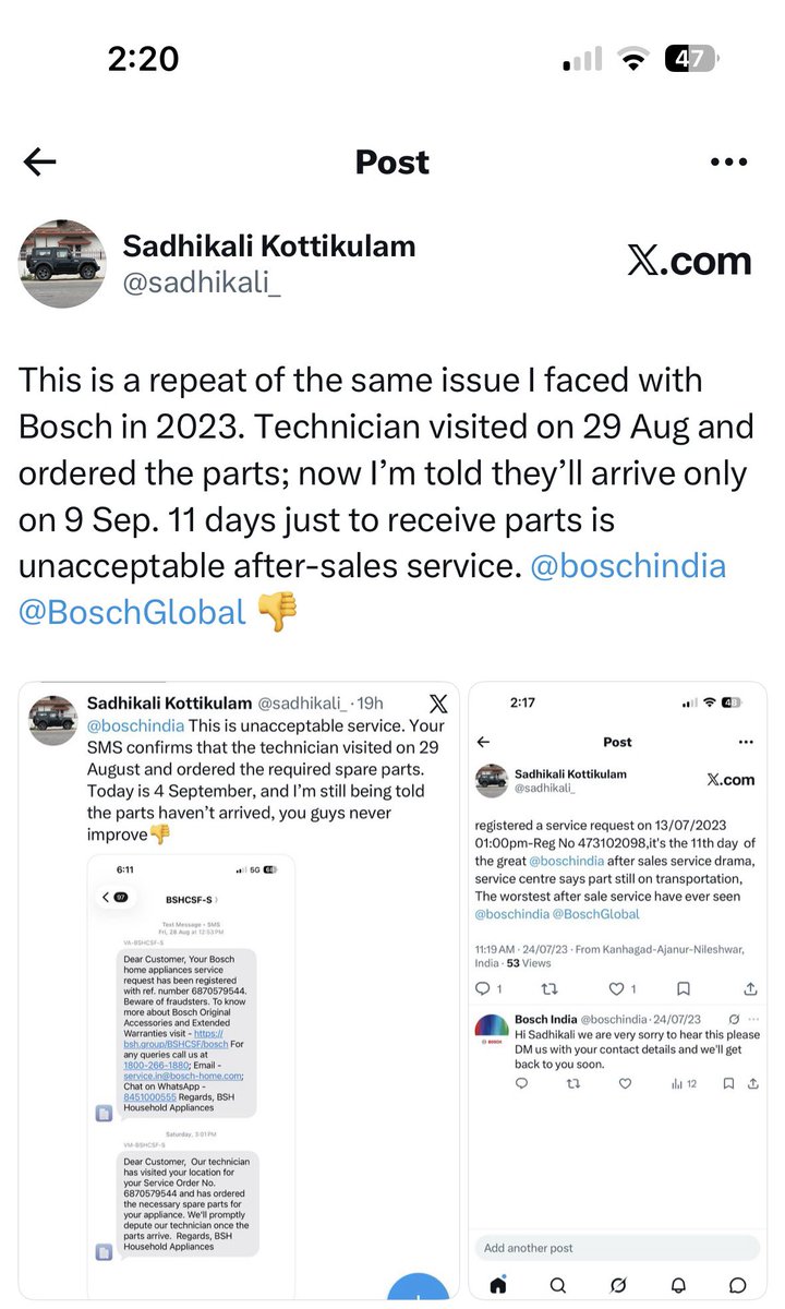 sadhikali_'s tweet photo. @BoschHomeIn @boschindia 13 days. Service request still open. Replacement part stuck at Kannur Hub with Blue Dart, despite a promised delivery date of 7 Sept. No resolution yet. is this acceptable after-sales service? https://t.co/i8T5zf7S3z