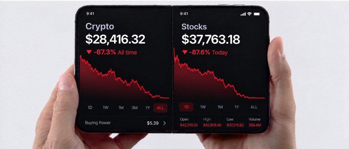 WallStVampiro's tweet photo. Me compré el iPhone Duo para ver cómo pierdo dinero en acciones y en crypto al mismo tiempo. https://t.co/75LBbb3ImZ