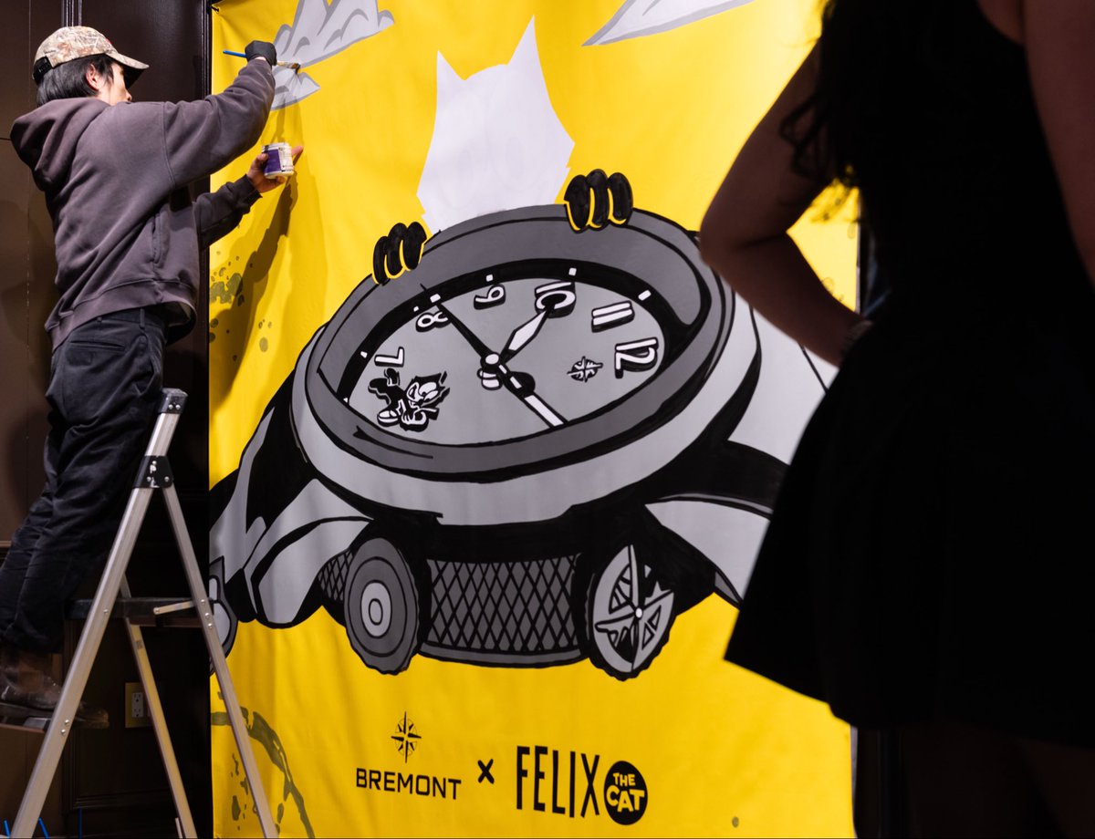Graffiti_USA's tweet photo. Bremont wanted something their guests had never seen. So we painted live at their Manhattan boutique, matching their Felix the Cat watch drop. #MuralArt #LiveArt #FelixTheCat #Bremont #WatchCollab https://t.co/hPc1gUiwCq