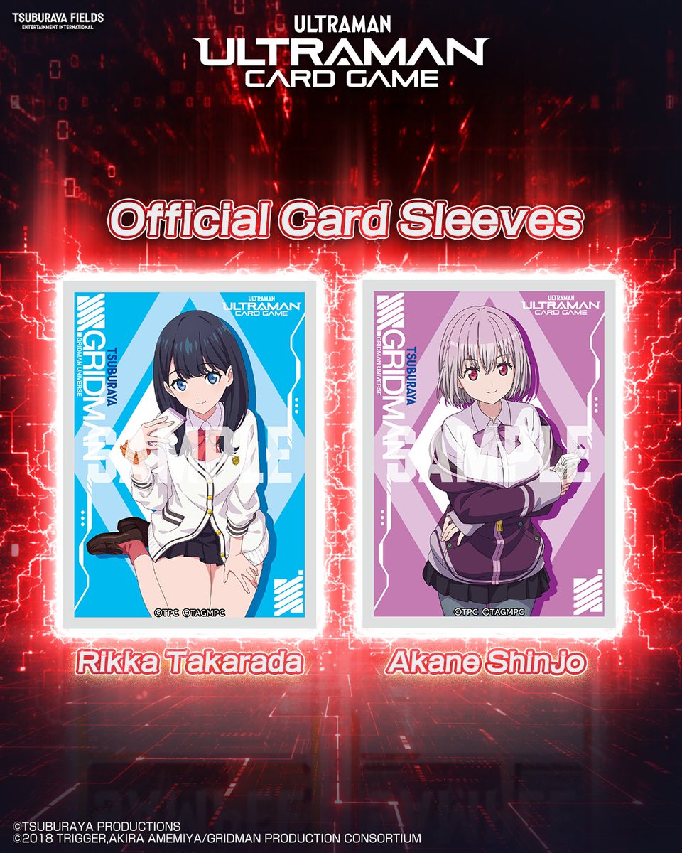ucg_en's tweet photo. ✨ New SSSS.GRIDMAN Accessories Revealed!

Get ready to customise your ULTRAMAN CARD GAME setup with 4 new Official Card Sleeve designs and 4 new EXD02 Markers!

Official Card Sleeves
Featuring:
🔹 Rikka Takarada — newly drawn illustration
🔹 Akane Shinjo — newly drawn illustration
🔹 Primal Accepter
🔹 GRIDMAN (Primal Fighter)

EXD02 Markers
🔹 4 new designs featuring characters from SSSS.GRIDMAN

Choose your favourites and add some SSSS.GRIDMAN style to your games when they release on December 4, 2026!

Find out more here:
🔗 https://t.co/LcFy6H0Z80

#UltramanCardGame #UCG #UCGxSSSSGRIDMAN