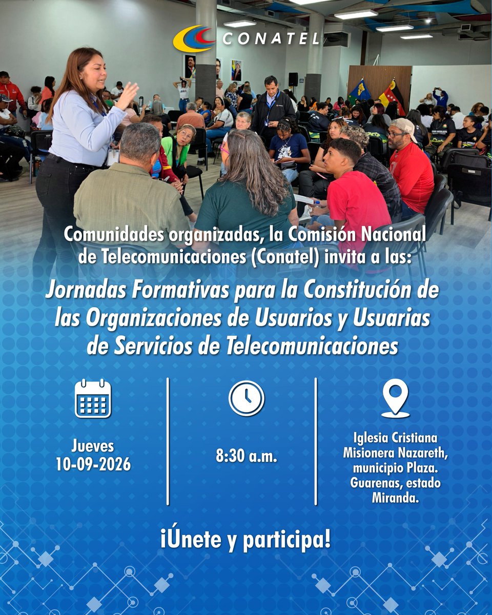 Conatel's tweet photo. Avanzamos en la consolidación de espacios de formación que promuevan la corresponsabilidad y el empoderamiento técnico-legal de las comunidades. 

La organización social es la clave para consolidar un modelo de telecomunicaciones eficiente, inclusivo y transparente. https://t.co/N3t5DJISi8