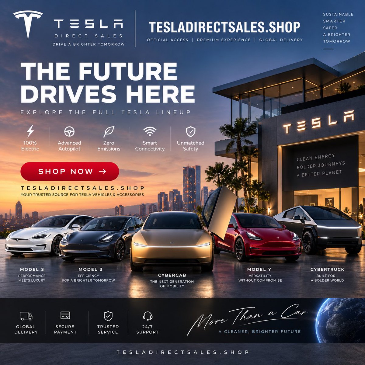 teslasaleshub's tweet photo. The Future Drives Here

⚡ The future isn’t coming… it’s already here.
Discover the world’s most advanced electric vehicles, from the iconic Model S to the revolutionary Cybercab and Cybertruck. Premium performance. Seamless ordering. Worldwide delivery 
#Tesla #ElectricVehicle https://t.co/Bo0nHbBoNw