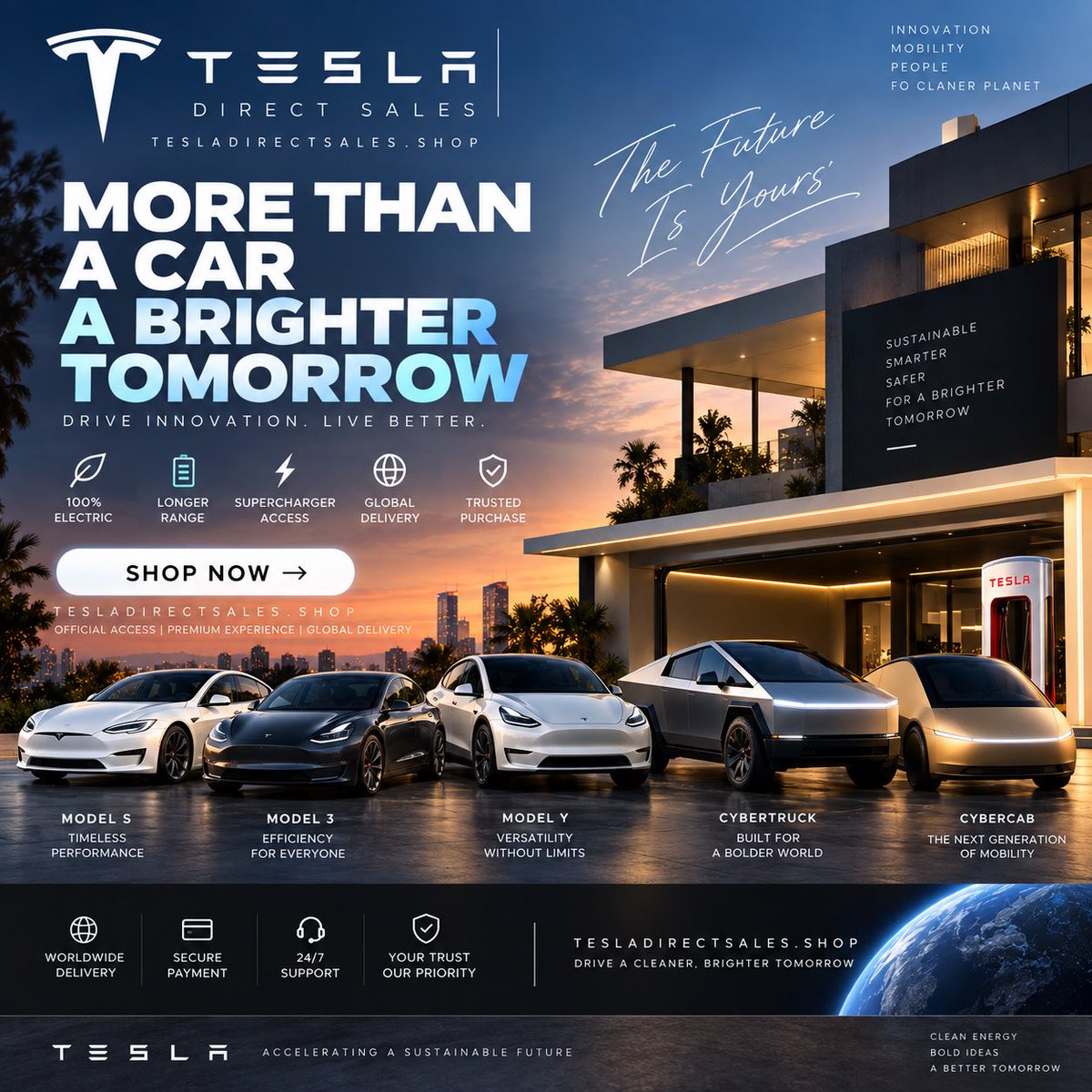 teslasaleshub's tweet photo. More Than a Car, A Brighter Tomorrow

Every journey begins with a vision. ✨
Experience innovation, unmatched technology, and sustainable luxury in one destination. Whether you’re dreaming of a Model 3 or the futuristic Cybercab, we’ve got you covered.
🚘 Shop now https://t.co/KHHmXYNzUq