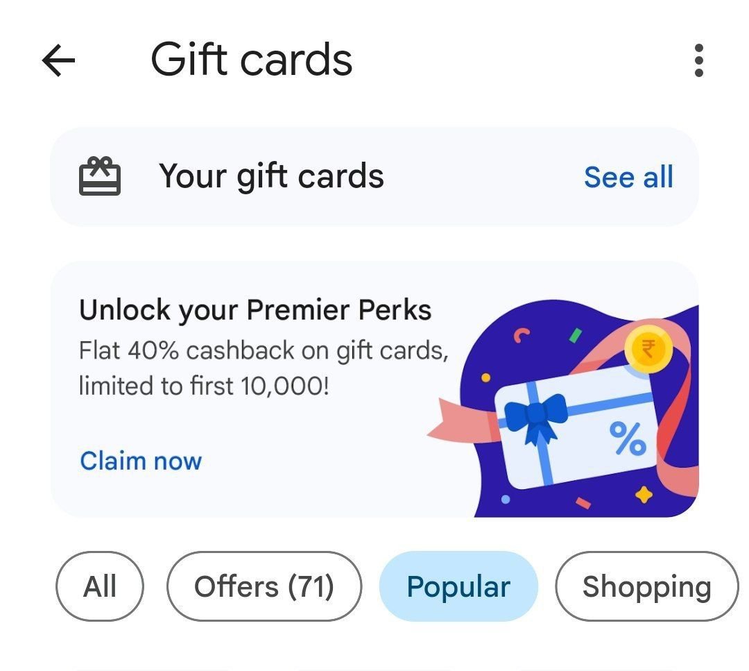 dealztrendz's tweet photo. GooglePay : Get 40% Cashback Upto ₹100 On Gift Card Purchase 

Open Gpay App > Gift Card Section > Check Offer Showing Or Not > Then Claim Offer

Now Buy any Gift Card (Min ₹250) From Gpay App &amp; Get ₹100 Cashback Via Scratch Card https://t.co/o1U8qID5Jm