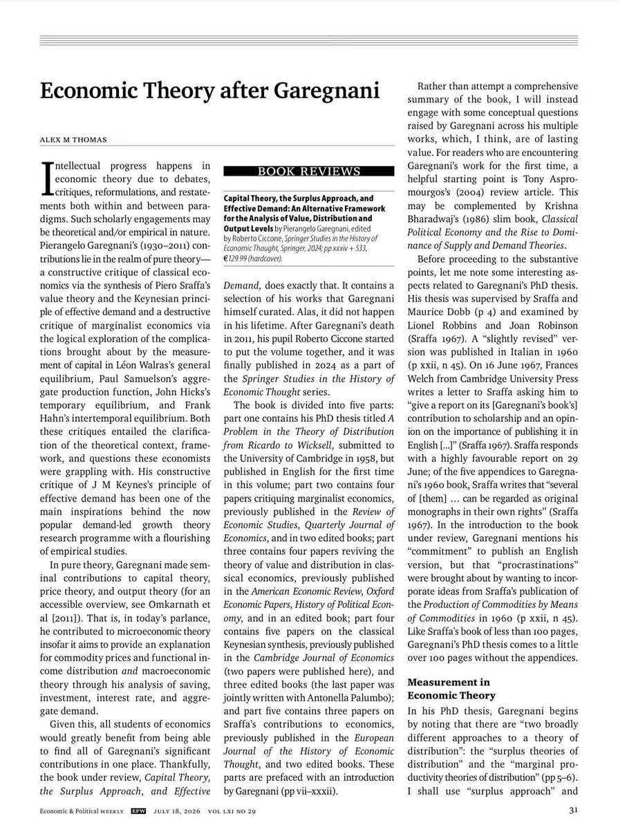 alexmthomas's tweet photo. My review of Garegnani's work is now published in @epw_in. I focus particularly on (i) measurement in economic theory, (ii) effectual demand &amp; aggregate demand, and (iii) competition &amp; equilibrium. 

A must-read book for all economists.

https://t.co/z4BNIBoOXr https://t.co/0SOagqhbhZ