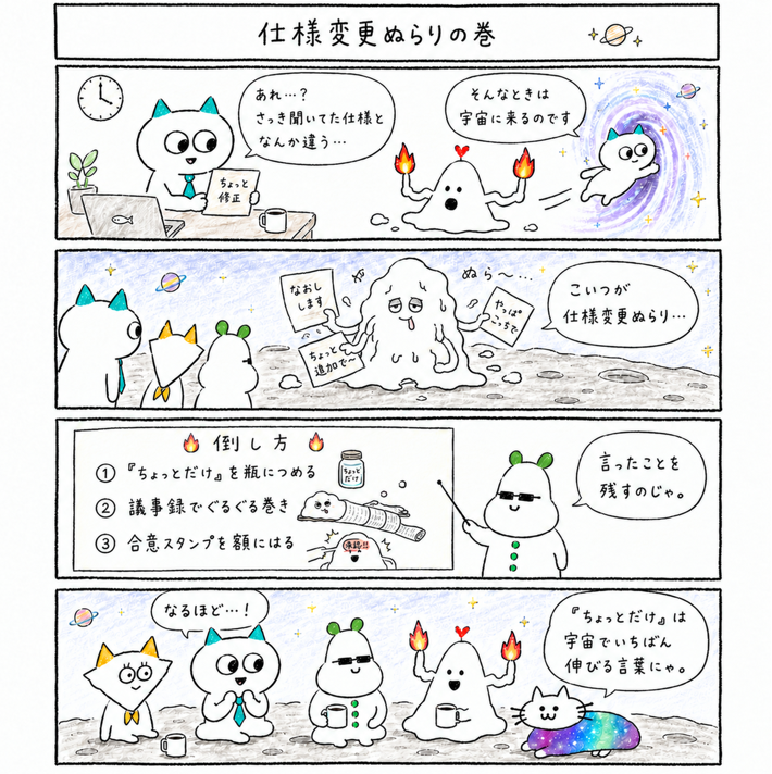 relansukerou's tweet photo. 仕様変更ぬらりの巻
#リラン助郎　#エンジニアあるある　#4コマ漫画 https://t.co/I989ZQQSZ4