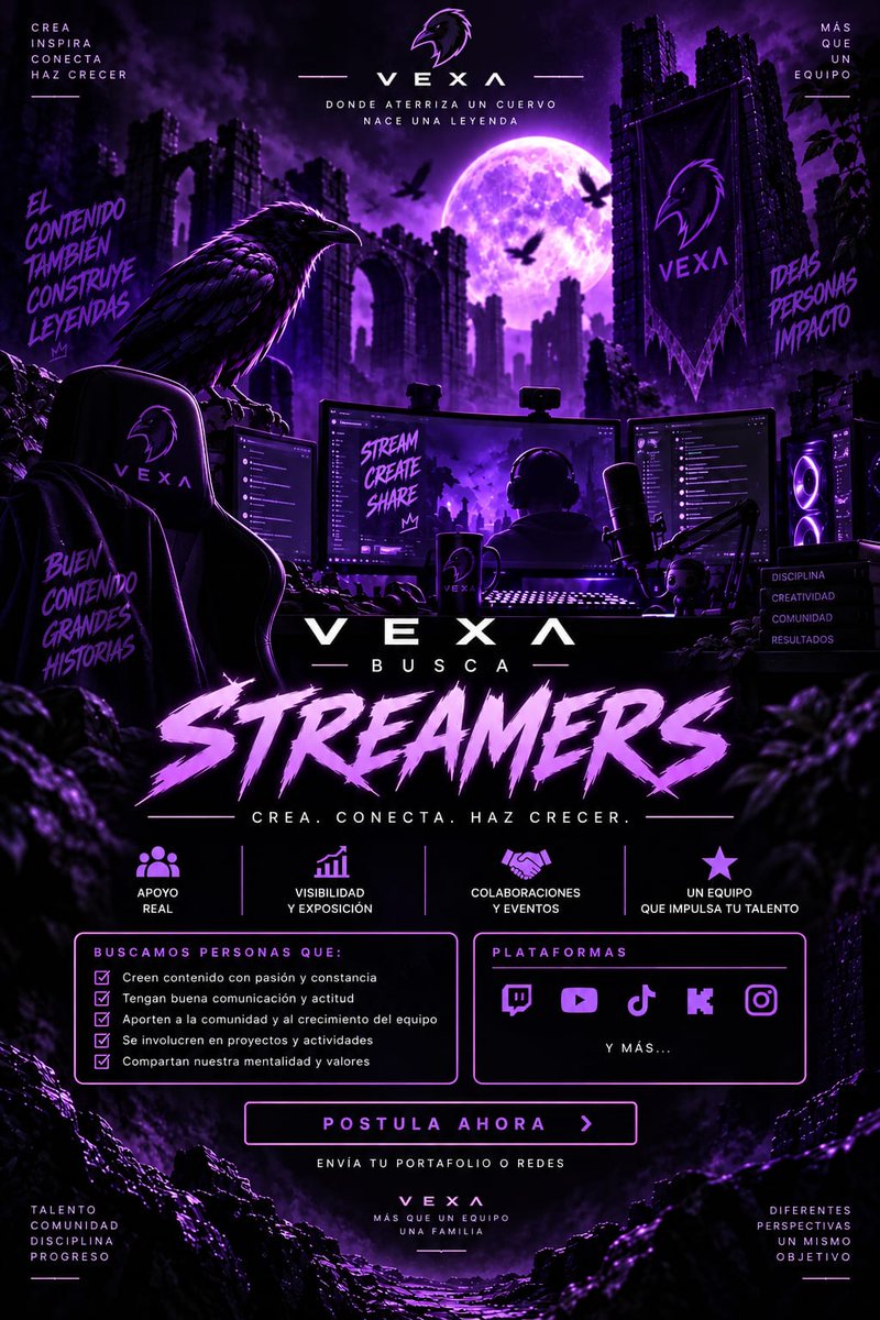 VexaGGoficial's tweet photo. 🚀 VEXA busca streamers! ✨ 
Creá, conectá y hacé crecer tu contenido con apoyo real, visibilidad y un equipo que impulsa tu talento. 🖤💜 Postulá ahora!

#VEXA #Streamers #Gaming #Twitch #StreamerArgentina #ContenidoDigital #CrearCrecer https://t.co/sMgOkvYeYa