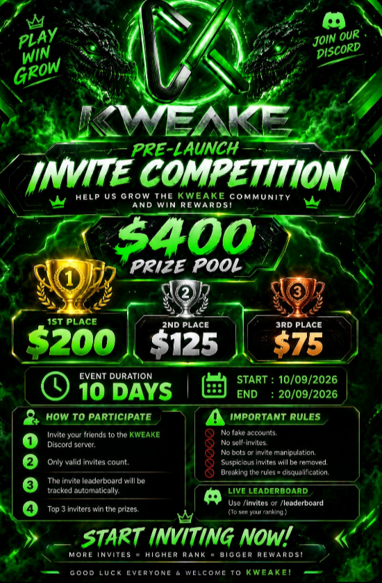 Kweake_Official's tweet photo. 🎉Help us grow the Kweake community on Discord and earn rewards!

🏆Current Prize Pool - $400

🥇1st Place - $200
🥈2nd Place - $125
🥉3rd Place - $75
 ⏰End in 10 Days!

Prizes will grow if we reach 600 and 1000 members milestones!

Come join us!
https://t.co/cRAWAlU7Ux https://t.co/1xOTJDfyIa